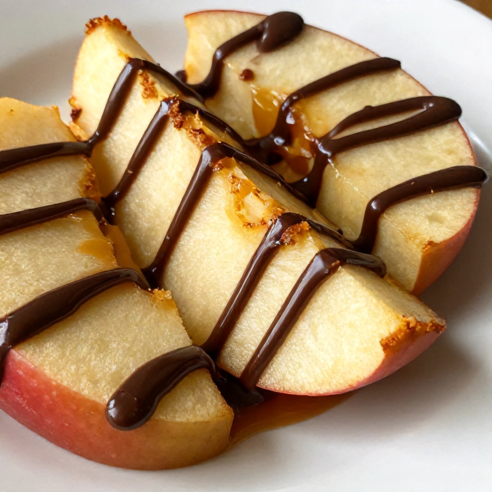 Caramel apple slices with chocolate drizzle on a plate