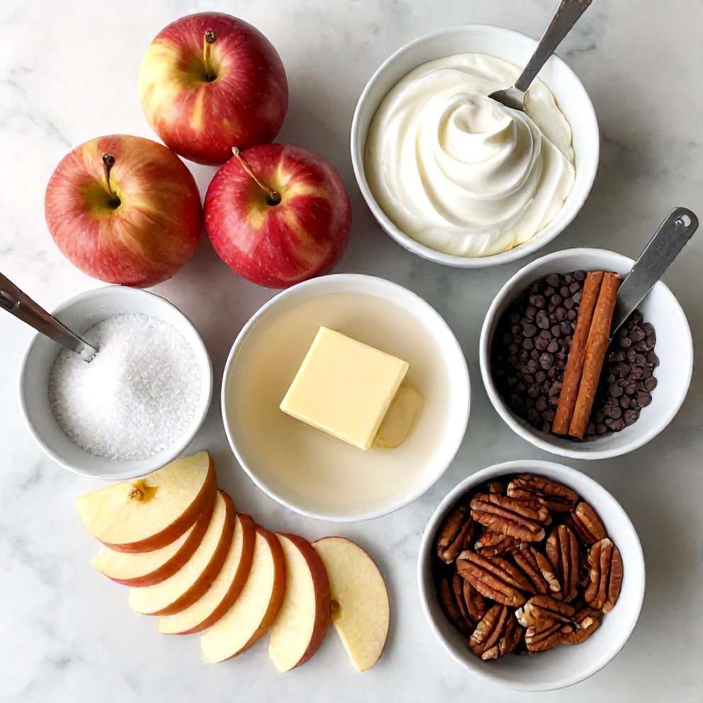 Ingredients for caramel apple slices on a marble counter