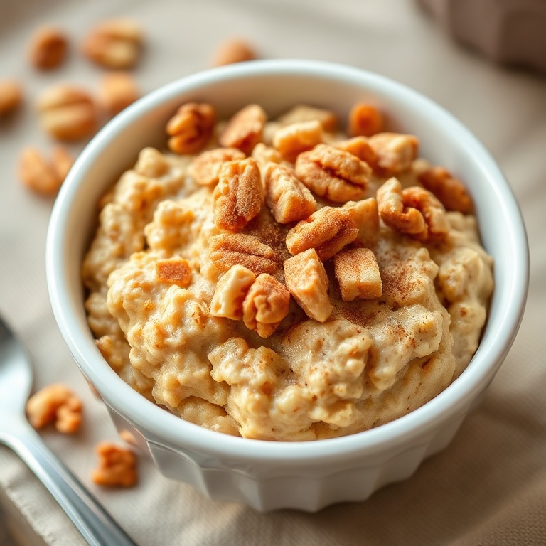 Creamy easy carrot cake oatmeal in a white ceramic bowl topped with chopped walnuts and a cinnamon dusting.