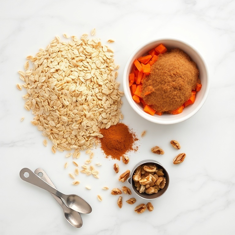 Overhead flat lay of rolled oats, grated carrots, walnuts, cinnamon, and brown sugar arranged with measuring cups and spoons on white marble.
