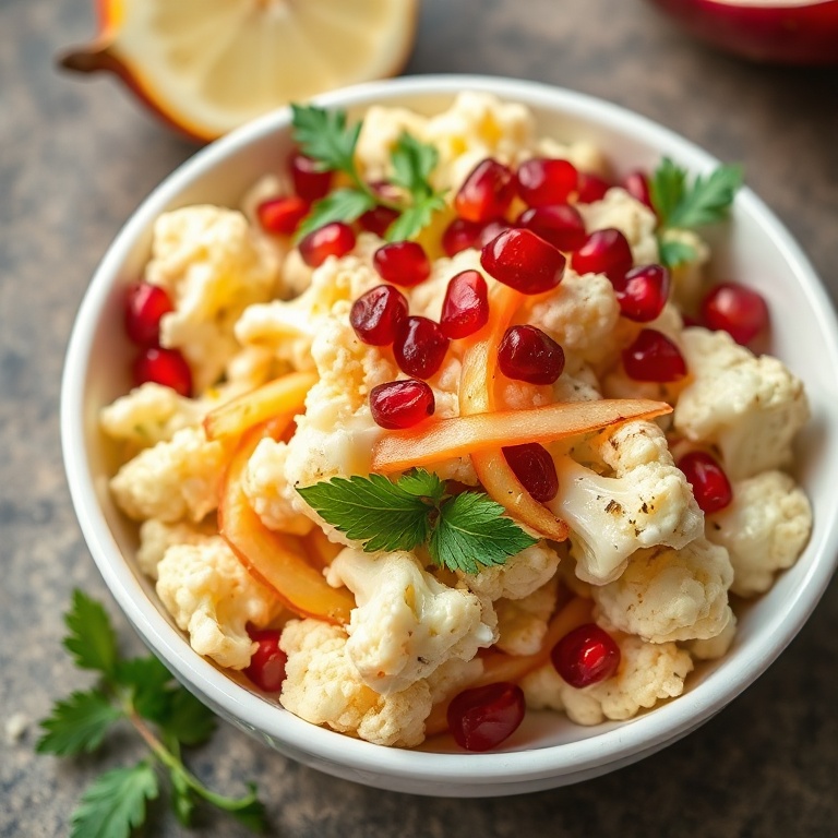 One serving of easy cauliflower salad with pomegranate and apple in a rustic white ceramic bowl, garnished with extra pomegranate arils and parsley, close-up shot highlighting texture of roasted cauliflower, glossy dressing, and juicy apple ribbons.
