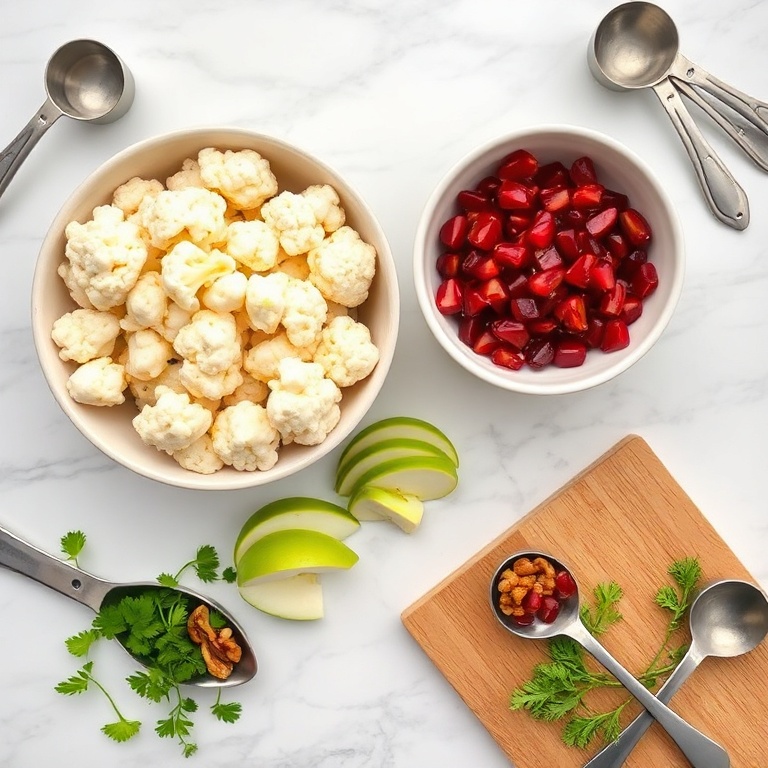 Overhead flat lay of raw cauliflower florets, pomegranate arils in a small white bowl, crisp green apple slices, fresh parsley sprigs, and toasted walnuts scattered on white marble with stainless steel measuring spoons and a small mixing bowl.