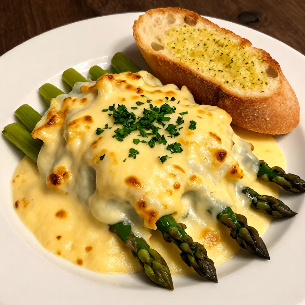 Plated serving of cheesy asparagus casserole with a side of garlic bread