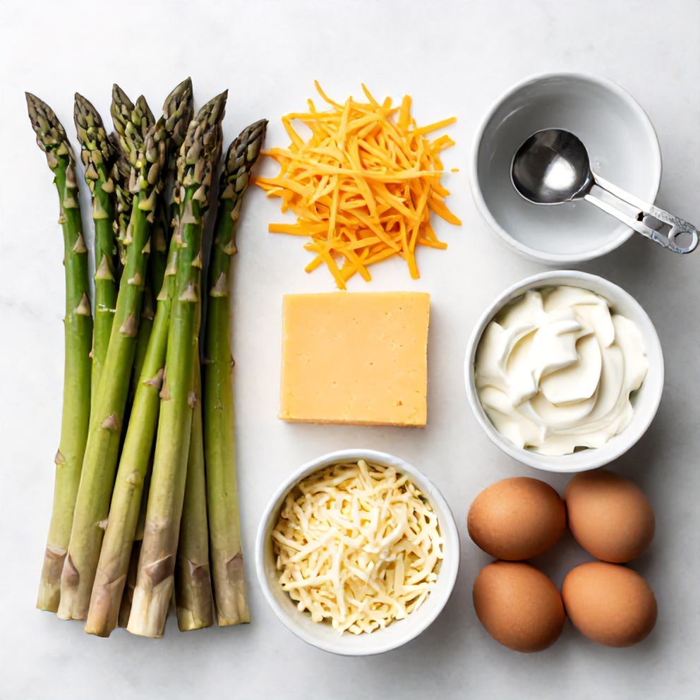 Raw ingredients for cheesy asparagus casserole on a marble surface