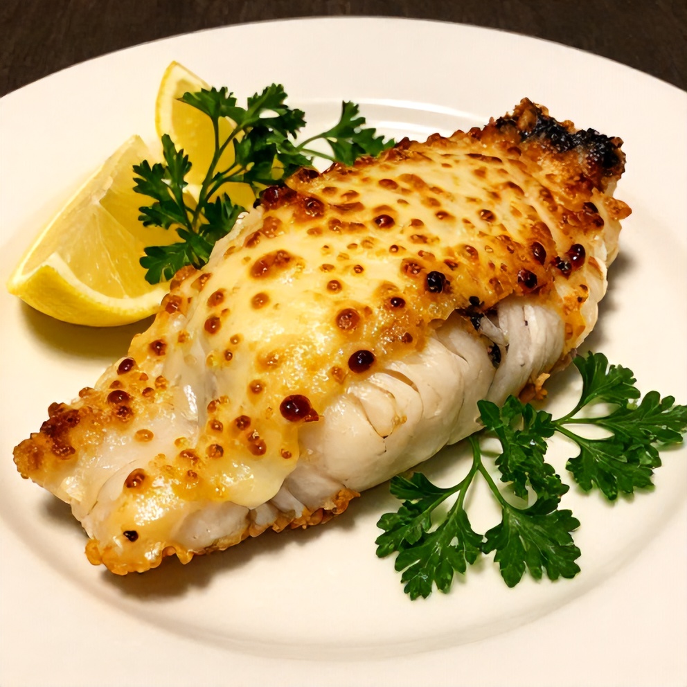 Plated baked halibut with lemon wedges