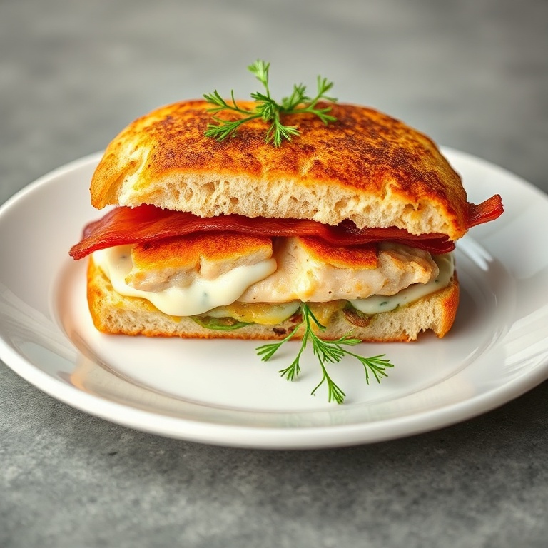 Plated easy chicken bacon ranch sandwich on white ceramic plate with fresh dill garnish and side of crispy sweet potato fries