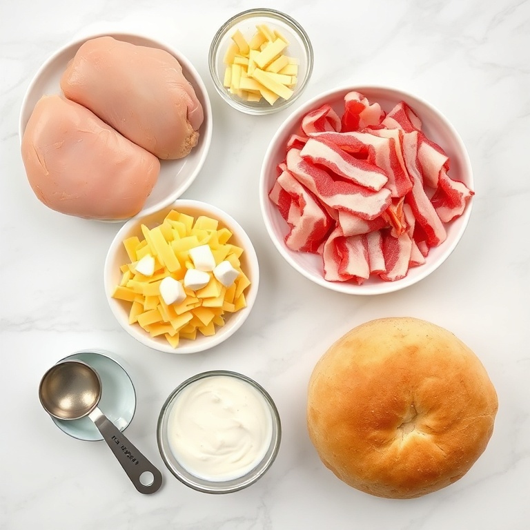 Raw ingredients for easy chicken bacon ranch sandwich: boneless chicken breasts, thick-cut bacon, cheddar cheese slices, ranch dressing, brioche buns