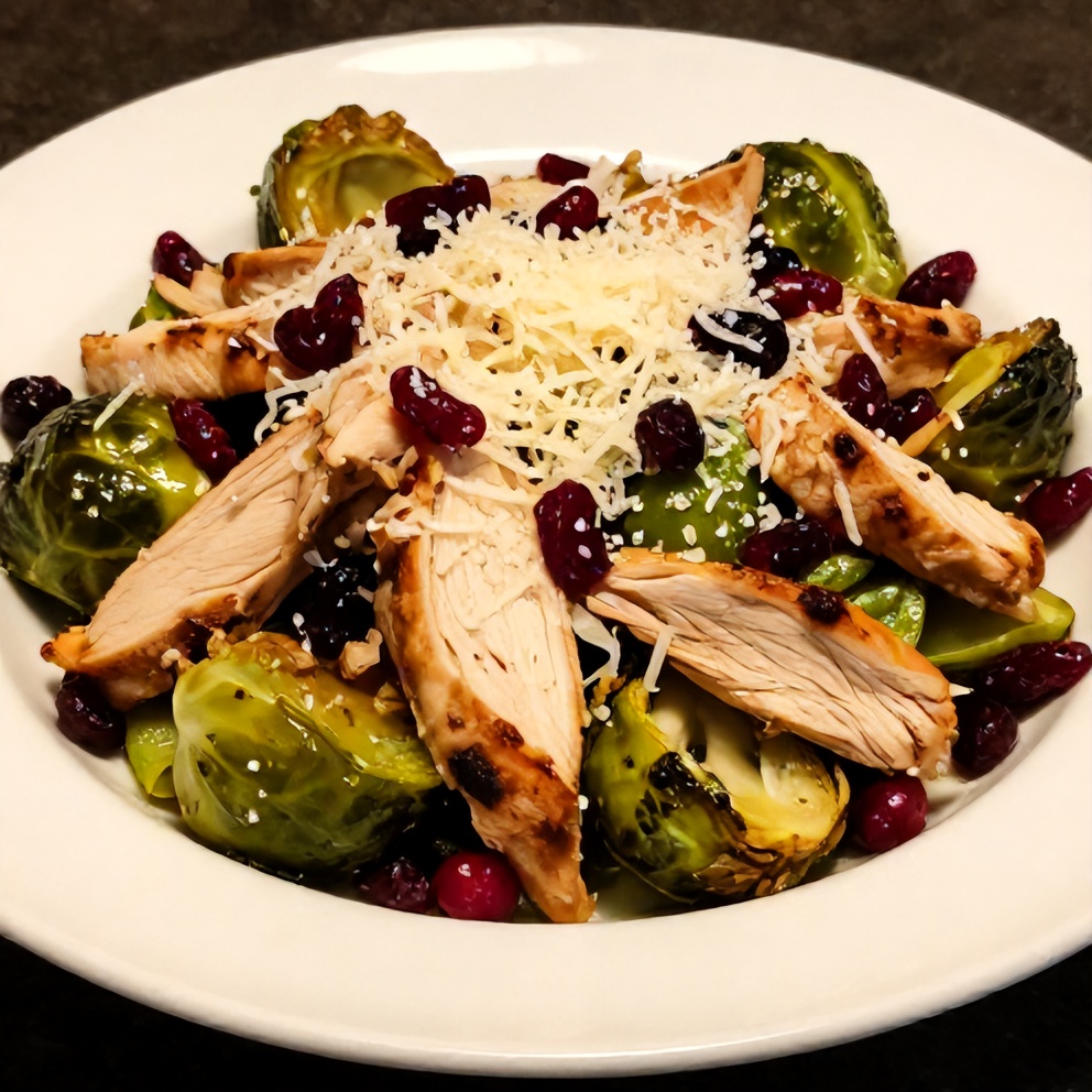 Plated Chicken Brussels Sprout Salad with Cranberries and Parmesan
