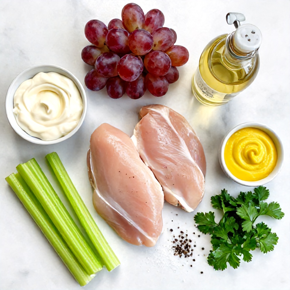 Raw ingredients for chicken grape salad