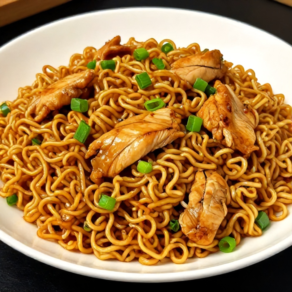 Plated chicken ramen stir fry