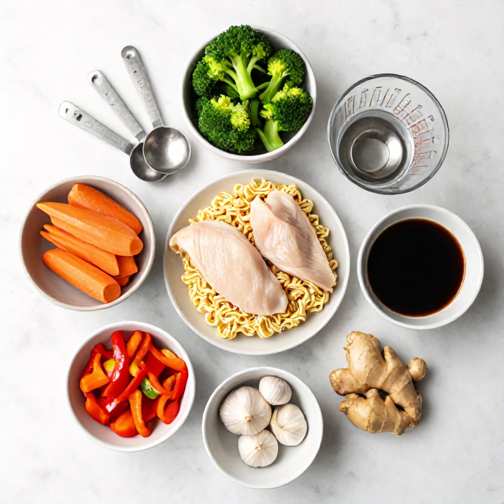 Raw ingredients for chicken ramen stir fry