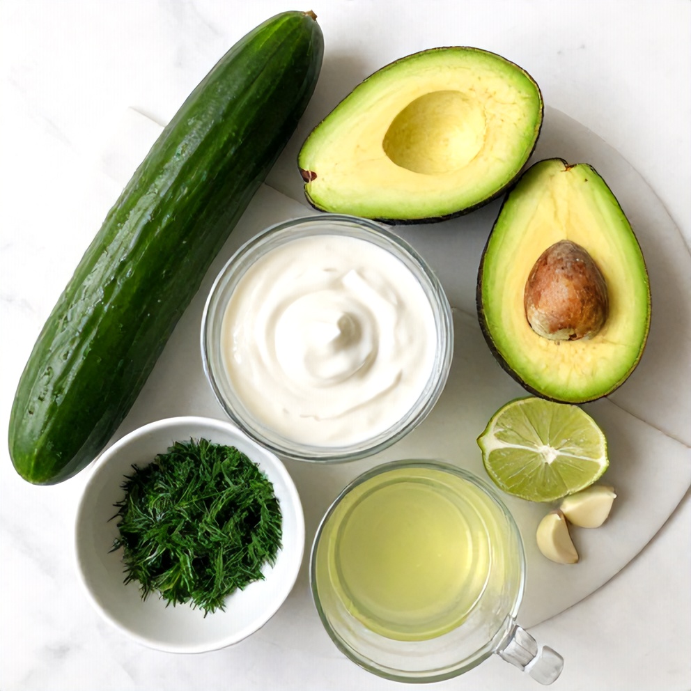 Raw Ingredients for Easy Chilled Cucumber Avocado Soup