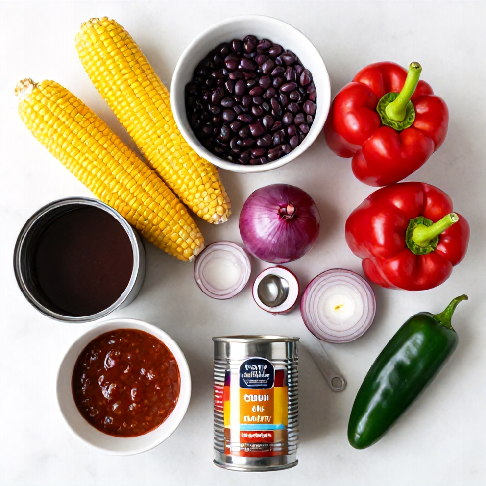 Raw ingredients for easy chipotle corn salsa on a marble surface
