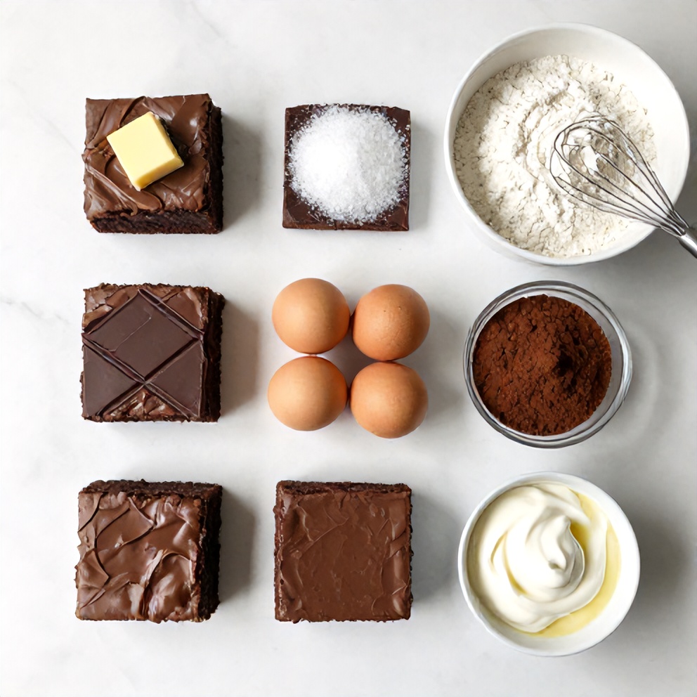 Ingredients for Chocolate Mousse Brownies laid out