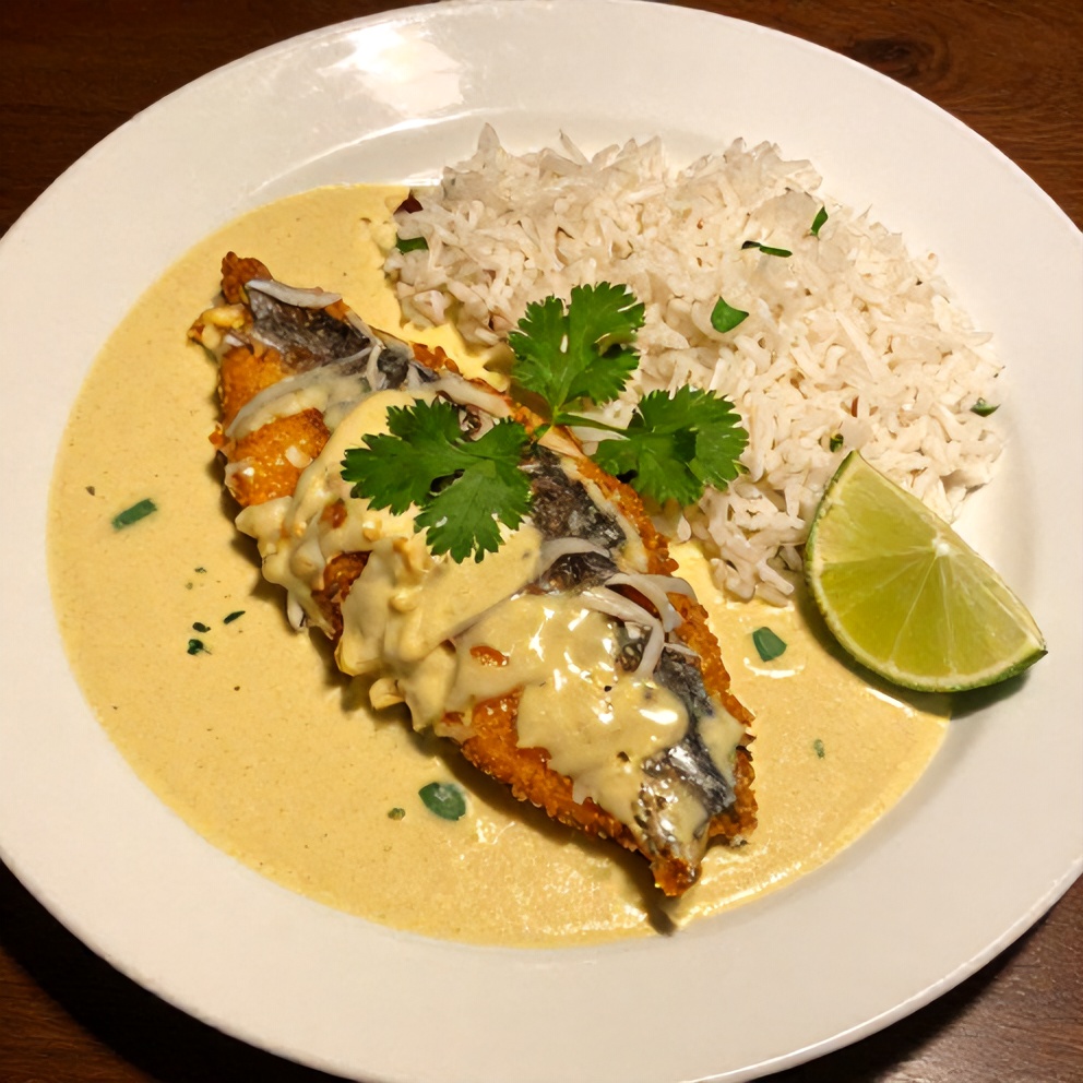 Plated Coconut Lime Fish Curry with Jasmine Rice