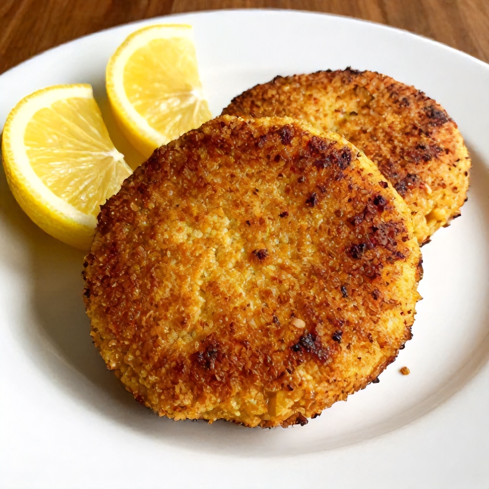 Plated Cornbread Stuffing Crab Cakes with lemon wedges