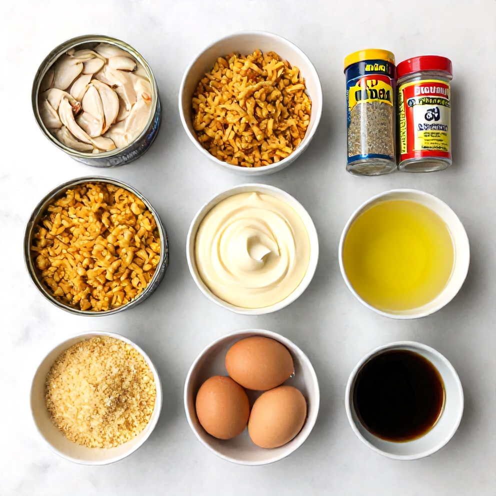 Raw ingredients for Cornbread Stuffing Crab Cakes arranged on a marble surface