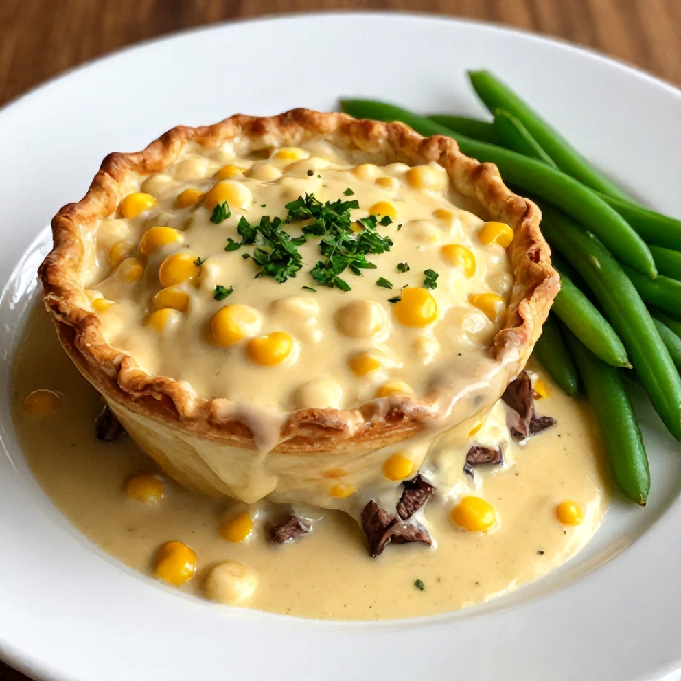 Served corned beef and cabbage pot pie on a white plate with a side of green beans