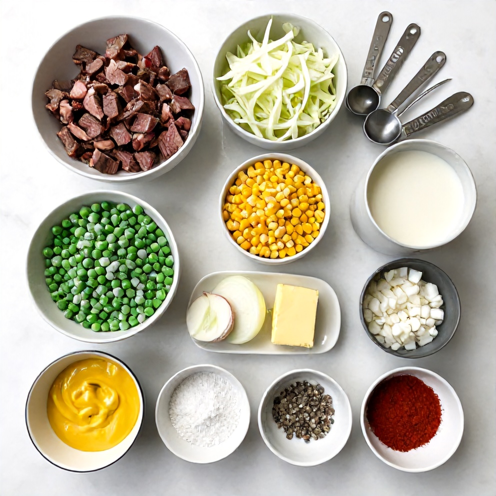Raw ingredients for corned beef and cabbage pot pie on marble surface