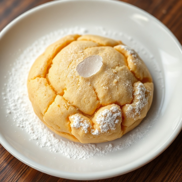 One perfectly baked cornstarch cookie on a white ceramic plate with a light dusting of powdered sugar and a single sprig of fresh mint on the rim