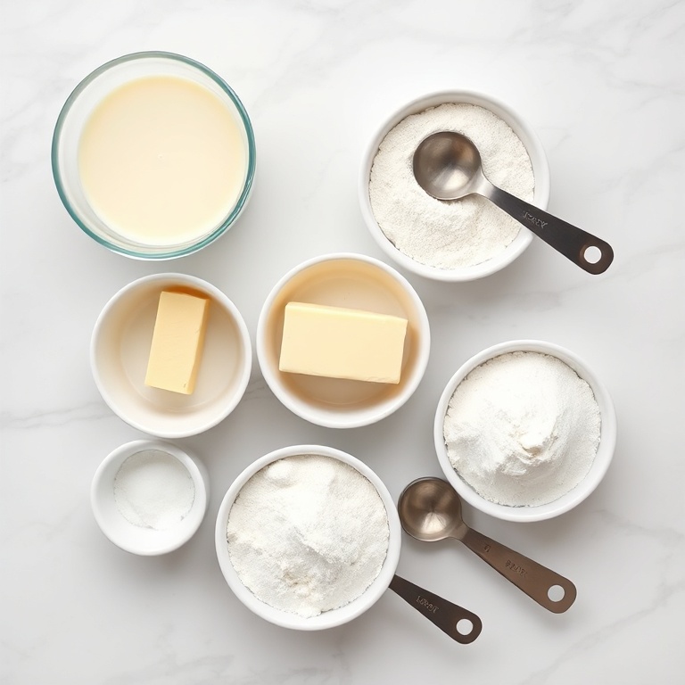 Overhead flat lay of cornstarch, sweetened condensed milk, unsalted butter, all-purpose flour, and granulated sugar in small prep bowls with measuring spoons and cups on white marble surface in bright natural light