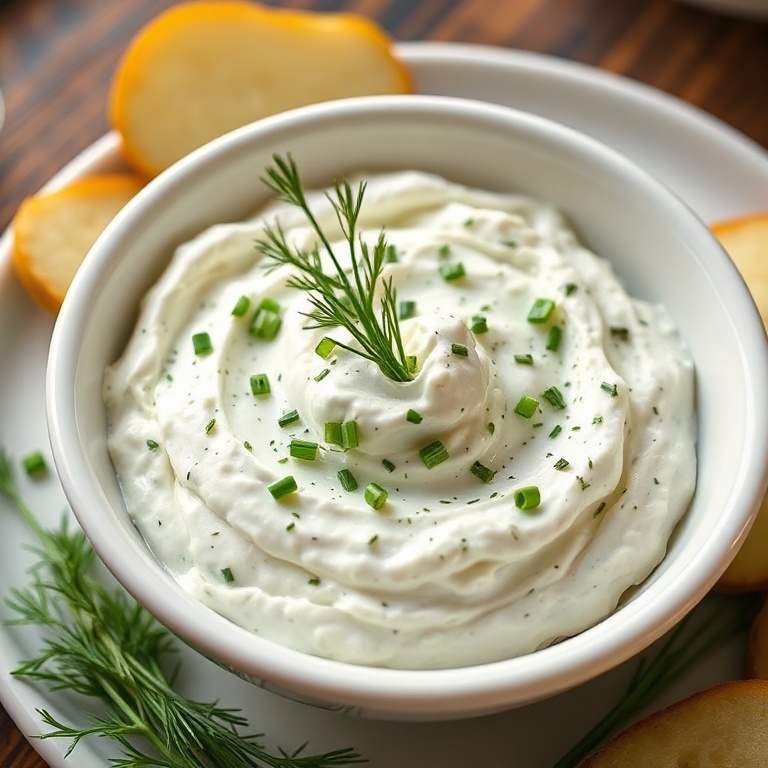 Close-up of a white stoneware bowl filled with creamy cottage cheese herb dip topped with vibrant green dill sprigs and chives, beside a wooden board with cucumber rounds and bell pepper strips.