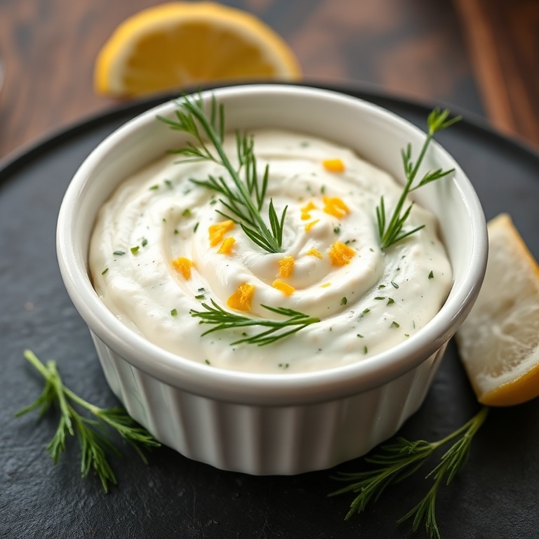 Single serving of cottage cheese herb dip in a shallow white ramekin, garnished with fresh dill sprigs and lemon zest, on a dark slate plate.