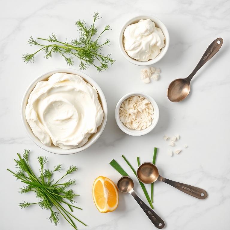 Overhead flat lay of cottage cheese, Greek yogurt, fresh dill, fresh chives, garlic clove, small prep bowls, measuring spoons, and a lemon wedge on white marble.