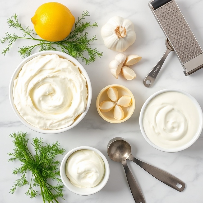 Overhead flat lay of cottage cheese, fresh dill, lemon, garlic cloves, Greek yogurt, small prep bowls, measuring spoons, and a microplane on white marble.