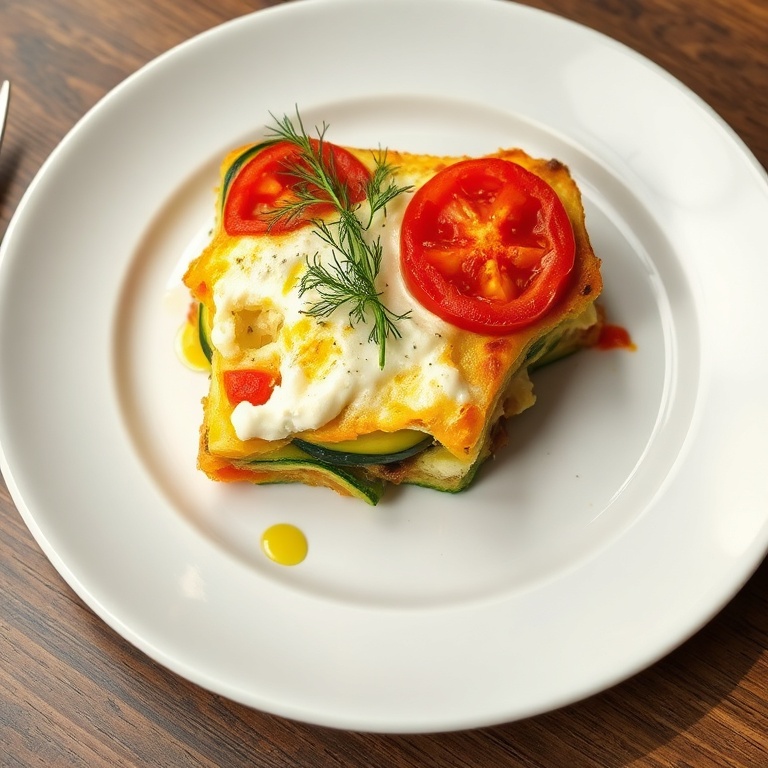 Plated serving of cottage cheese veggie bake on a white ceramic plate garnished with fresh dill sprigs and a drizzle of olive oil.