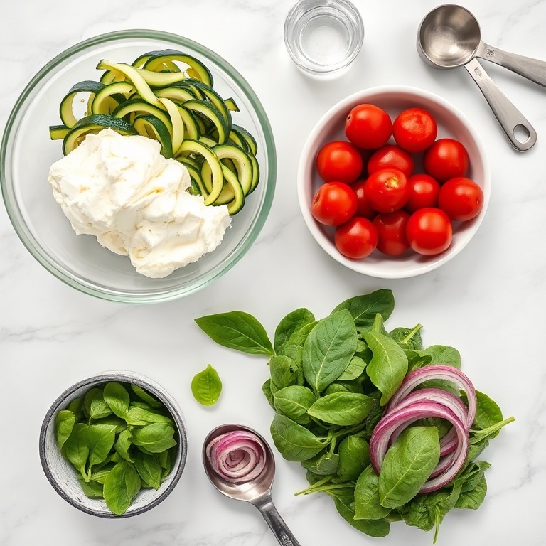 Overhead flat lay of cottage cheese, zucchini, cherry tomatoes, fresh spinach, and red onion on white marble with small prep bowls and stainless steel measuring spoons.