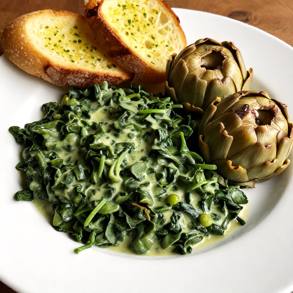 Plated serving of creamed spinach and artichokes on a white plate, surrounded by garlic bread