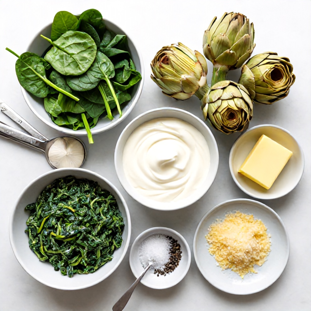Raw ingredients for Creamed Spinach and Artichokes: spinach, artichoke hearts, heavy cream, garlic, butter, salt, pepper, and Parmesan cheese arranged in an overhead flat lay