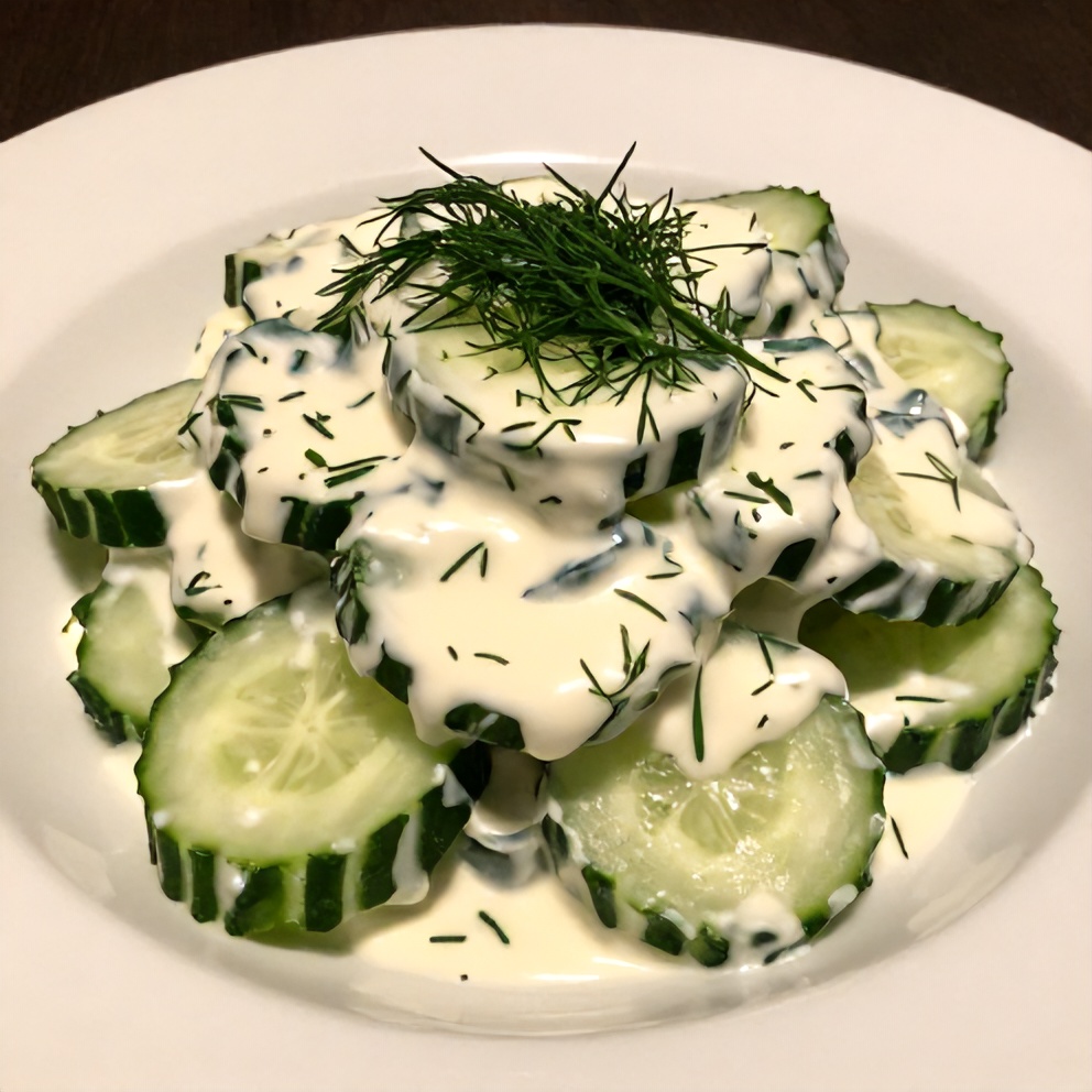 Plated serving of creamy cucumber salad