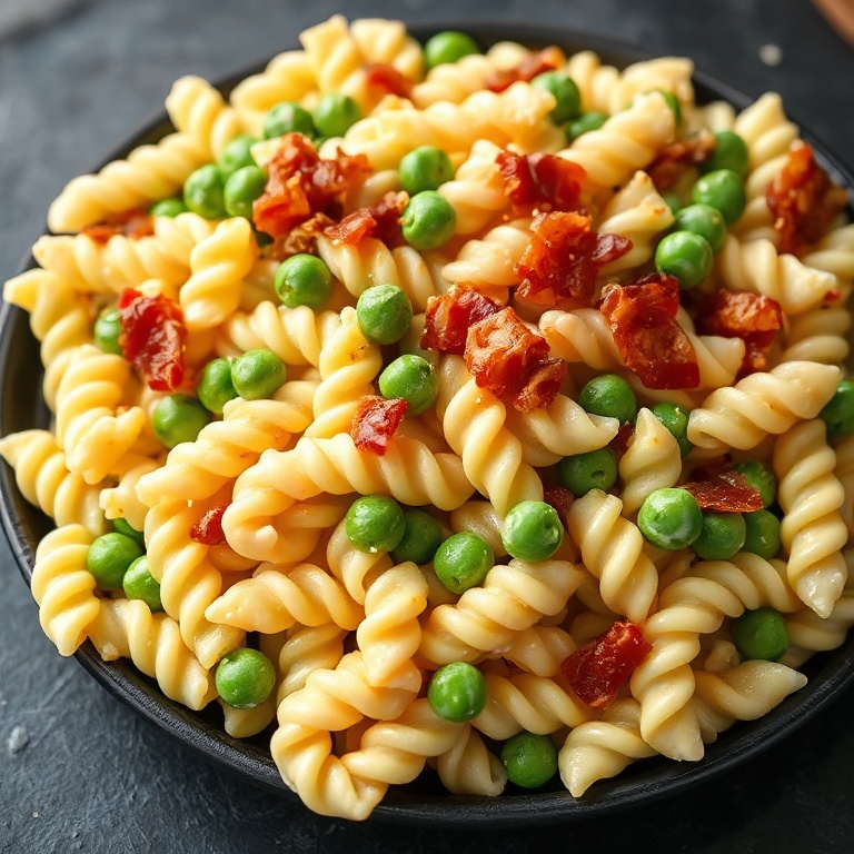 easy creamy pasta salad with bacon and peas