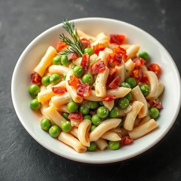 Creamy pasta salad with bacon and peas served in a white ceramic bowl, garnished with fresh dill and extra bacon crumbles, on a dark slate surface.