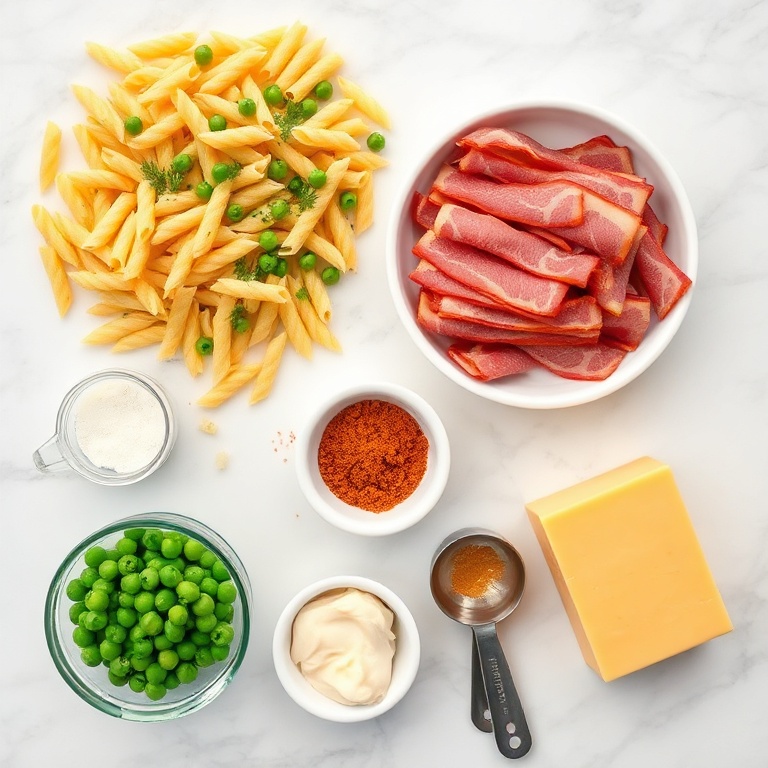 Overhead flat lay of dry rotini pasta, frozen peas, thick-cut bacon strips, full-fat mayonnaise, and sharp cheddar cheese on white marble with small prep bowls and measuring spoons.