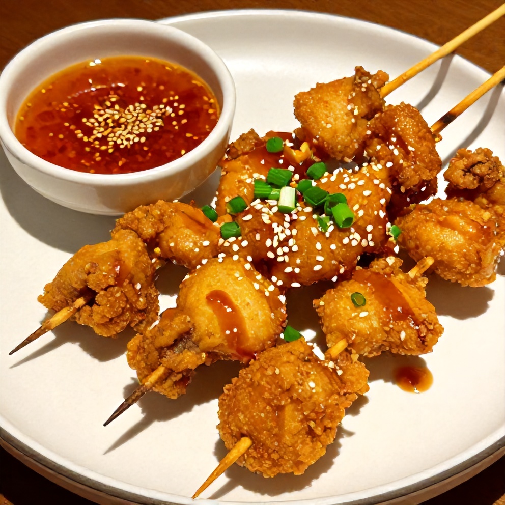 Plated bang bang chicken skewers with spicy dipping sauce