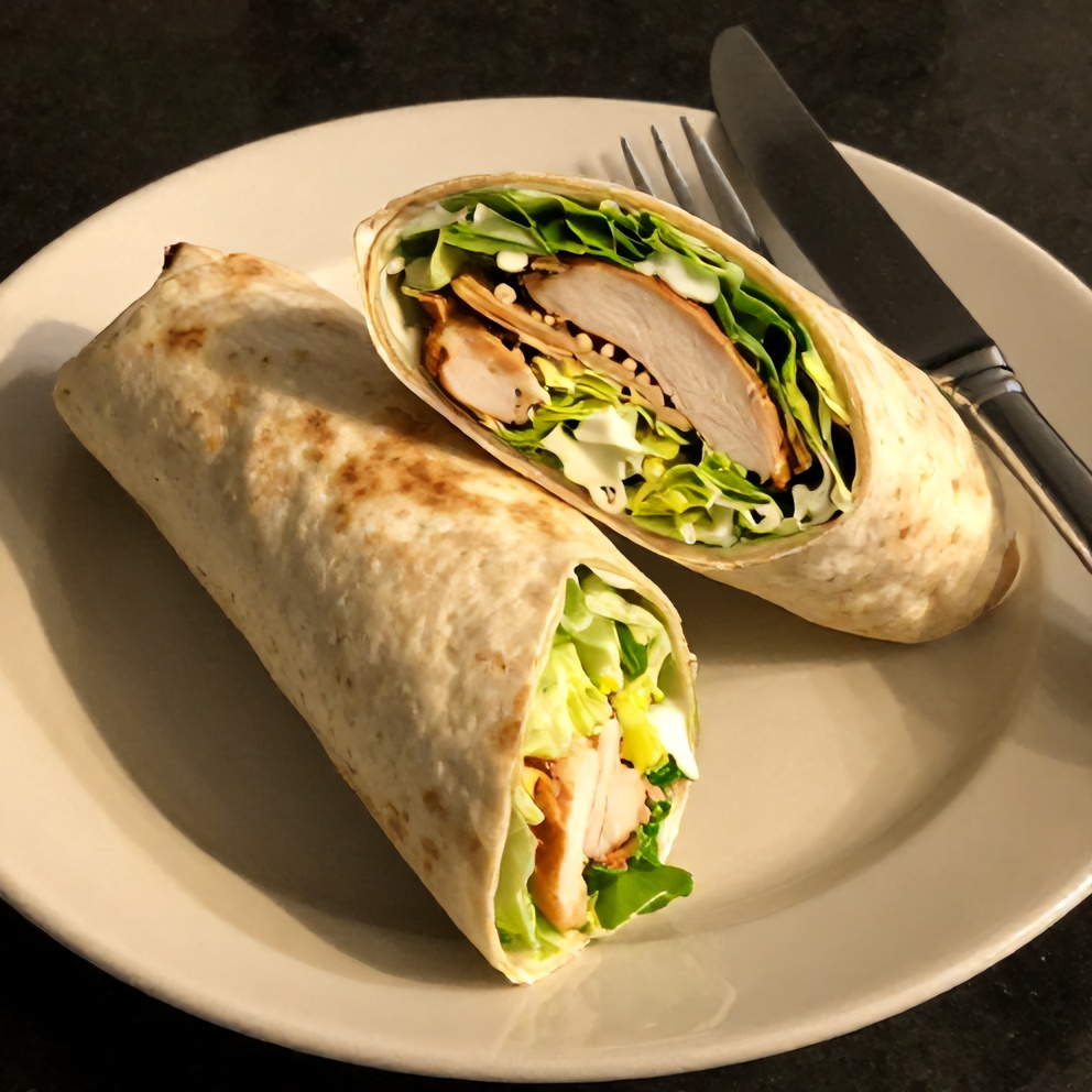 Chicken Caesar Wrap on a plate with a fork and knife