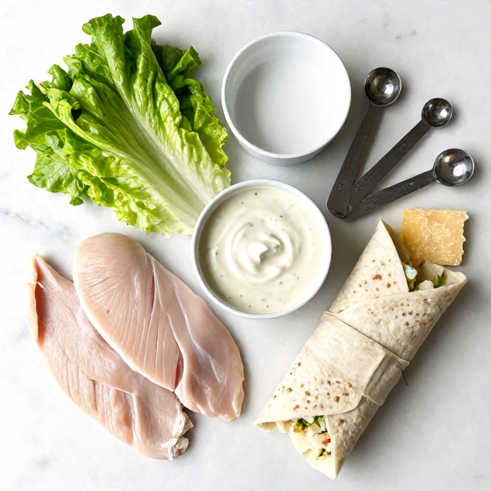Raw ingredients for Chicken Caesar Wrap on a marble surface