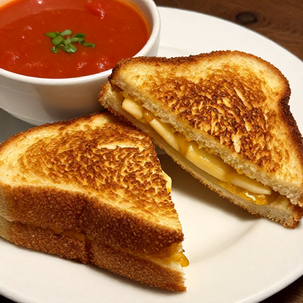 Grilled cheese sandwich on a plate, cut in half, with a side of tomato soup