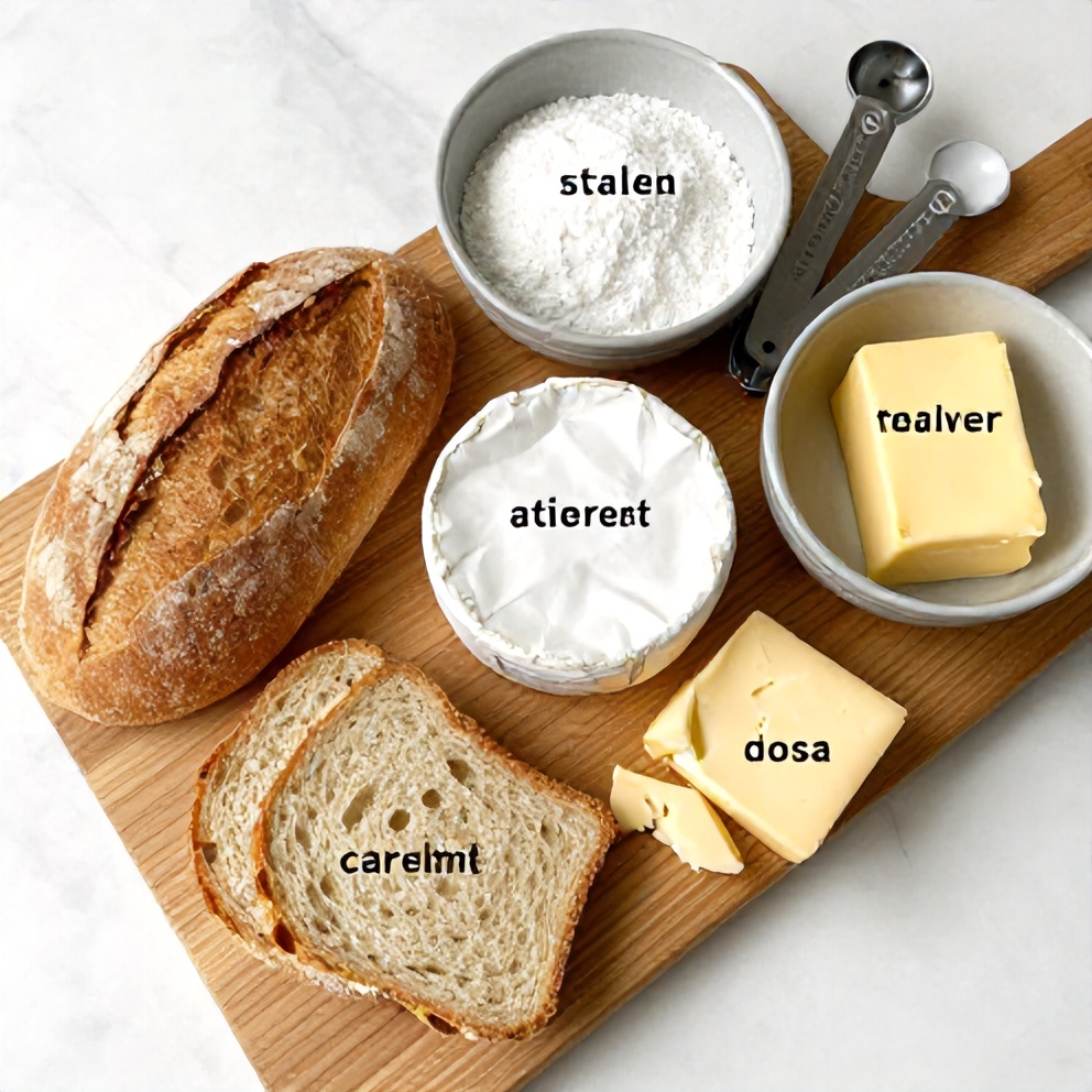 Bread, cheese, butter, and other ingredients laid out on a wooden cutting board