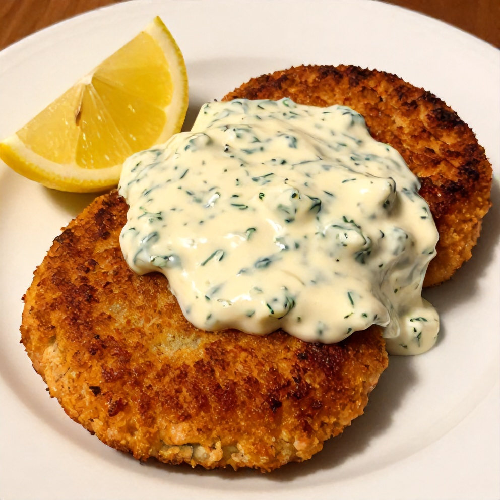 Plated salmon cakes with lemon wedge