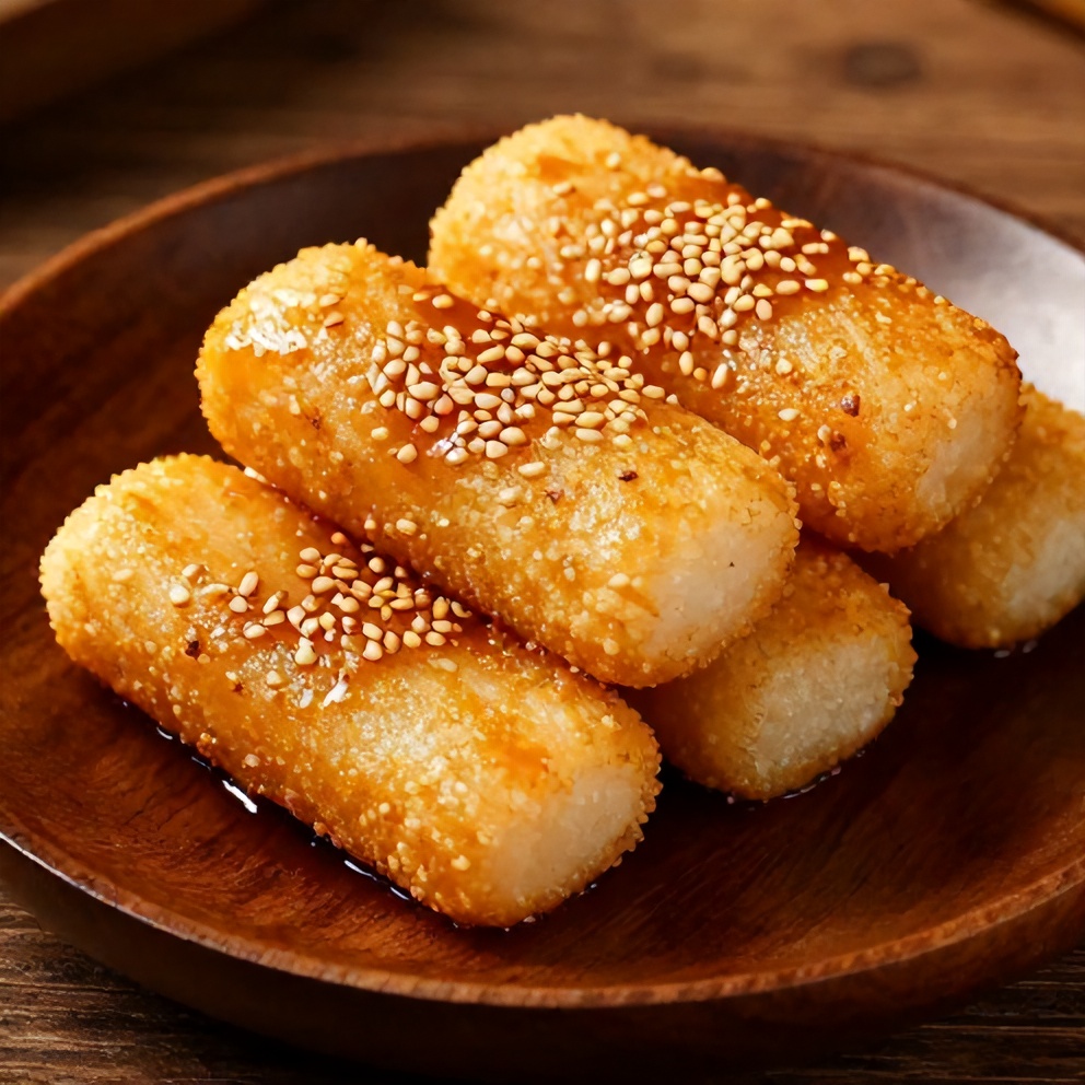 One perfect plated serving of Crispy Sweet Soy Butter Korean Rice Cakes on a dark wooden plate, garnished with toasted sesame seeds.