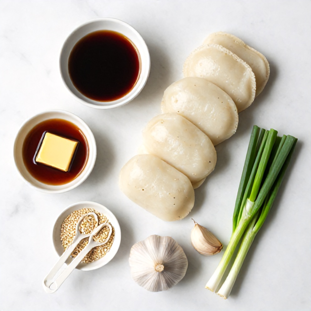 Overhead flat lay of raw ingredients: Korean rice cakes, sweet soy sauce, butter, garlic, green onions, sesame seeds, and measuring spoons on a white marble surface.
