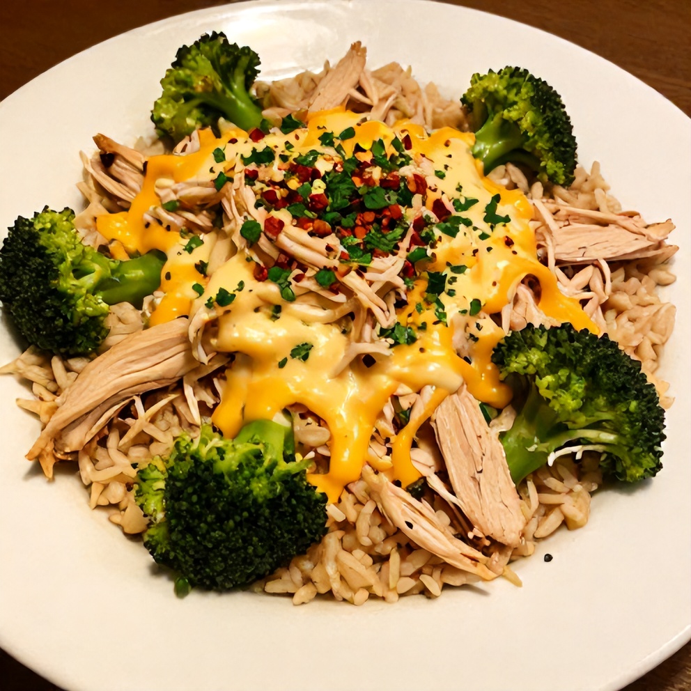 Plated serving of crockpot chicken and rice with broccoli and cheddar