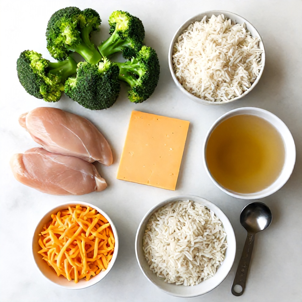 Raw ingredients for crockpot chicken and rice with broccoli and cheddar