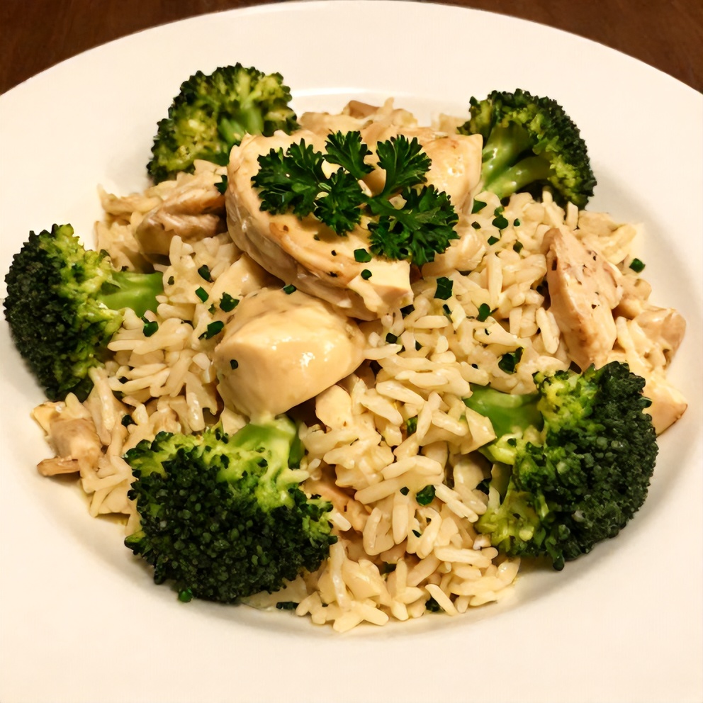 Plated serving of creamy broccoli chicken and rice