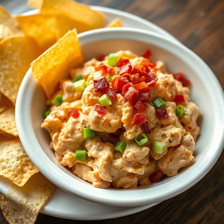 Plated crockpot crack chicken in a white ceramic bowl, garnished with extra crumbled bacon and sliced green onions, served with tortilla chips on the side