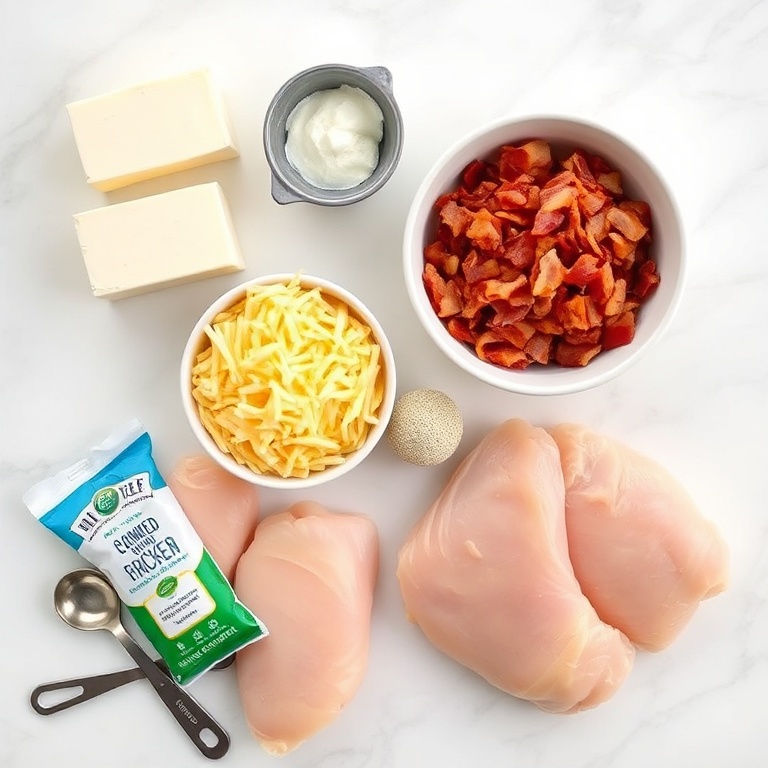 Raw ingredients for crockpot crack chicken: cream cheese blocks, shredded cheddar cheese, cooked crumbled bacon, garlic powder, ranch seasoning packet, chicken breasts